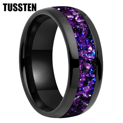 TUSSTEN 4/6/8MM Men's and Women's Wedding Tungsten Ring Galaxy Orion Nebula And Purple Crystal Stone Inlaid Comfortable Fit