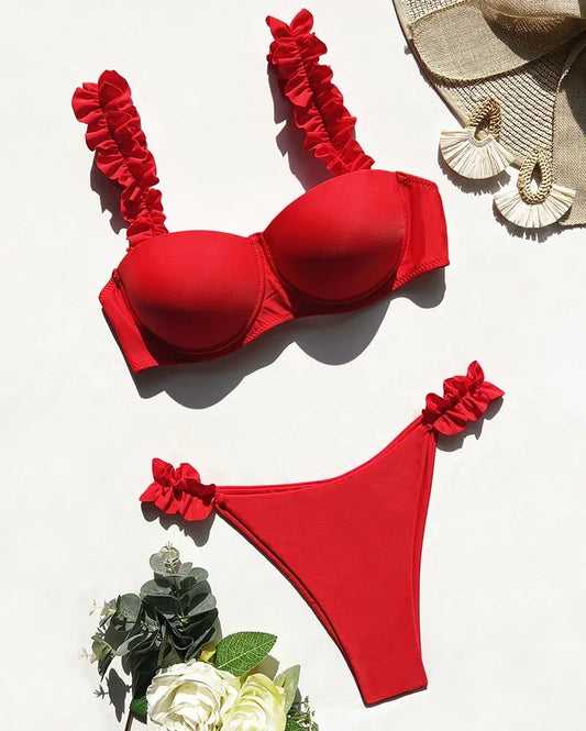 Push Up Bikini Set Women 2026 Swimsuit Sexy Bow Biquini Lace Up Summer Bathing Suit Lady Two Pieces Swimwear Woman Beachwear L