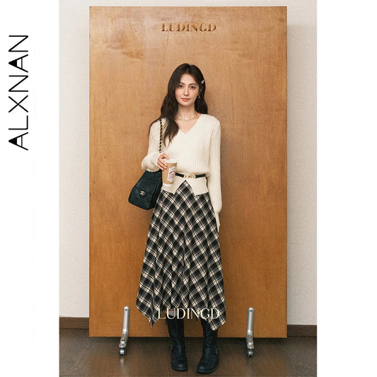 ALXNAN Black Plaid Irregular Skirt Women Elegant Long A-line Checkered Midi Skirts 2025 Fall Winter Female Clothing L57278-1