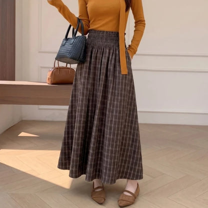 Women's Plaid Pleated Long Skirt with Pockets
