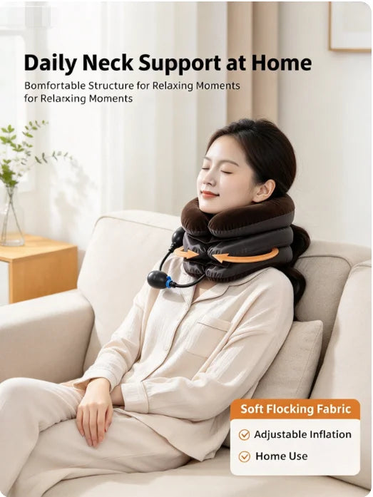 Inflatable Neck Support Device, Multi-Layer Cervical Traction Collar with Manual Air Pump, Comfortable Flocking Surface for Home