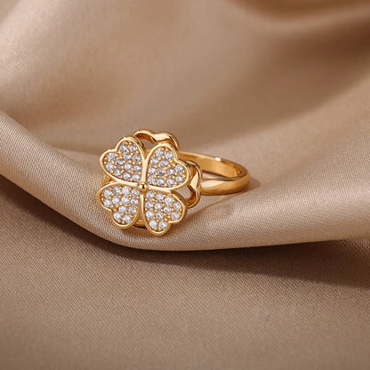 Spinner Zircon Heart Four Leaf Clover Rings For Women Stainless Steel Anti Stress Anxiety Fidget Ring Jewelry Christmas Gift