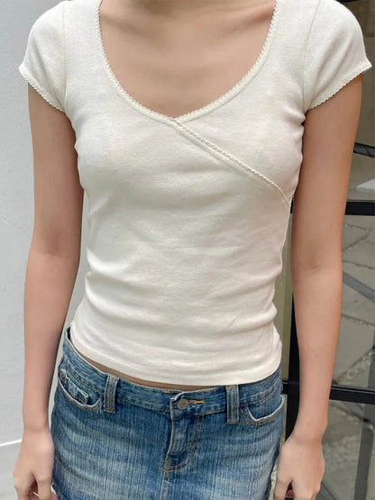 Vintage Slim Fit Cotton T-Shirt Summer V-Neck Streetwear 2025 Femme Sweet Cute Y2K Style Simple Top for Women