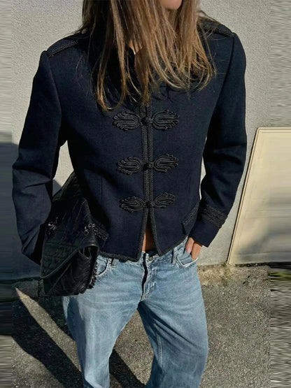 Women Woven Patchwork Crop Jacket Shoulder Pad Frog Button Long Sleeve Street Slim Paneled Blazer 2026 Spring Chic Napoleon Coat