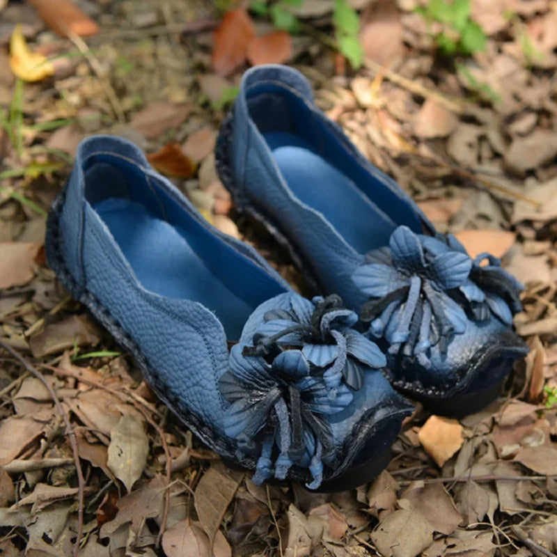 Genuine Leather Ballet Flats Women's Slip On Loafers Vintage Handmade Flower Soft Muffin Platform Casual Walk Dress Shoes Woman