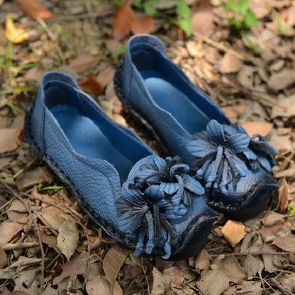 Genuine Leather Ballet Flats Women's Slip On Loafers Vintage Handmade Flower Soft Muffin Platform Casual Walk Dress Shoes Woman