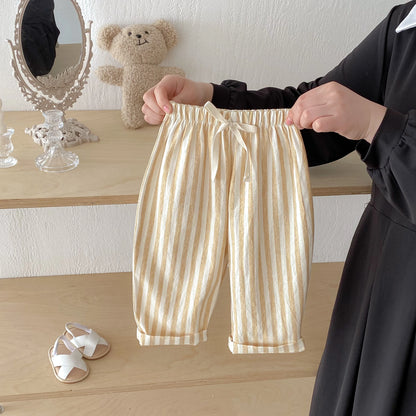 Vintage Linen Cotton Stripe Pants for Boys Casual Pocket Design Elastics Waist Pants for Toddler Girl Clothing Children Trousers