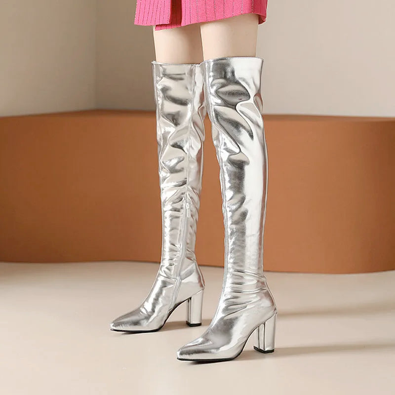 Women's Metallic Over-the-Knee Block-Heel Boots