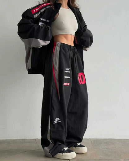 American White Racing Suit Set Women Red White Navy Blue Contrasting Embroidery Loose Jacket Wide Leg Sports Pants Two-piece Set