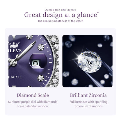 OLEVS 9945 Women's Watches Elegant Purple Full Diamond Dial Solid Stainless Steel Auto Date Waterproof Quartz Watch for Women