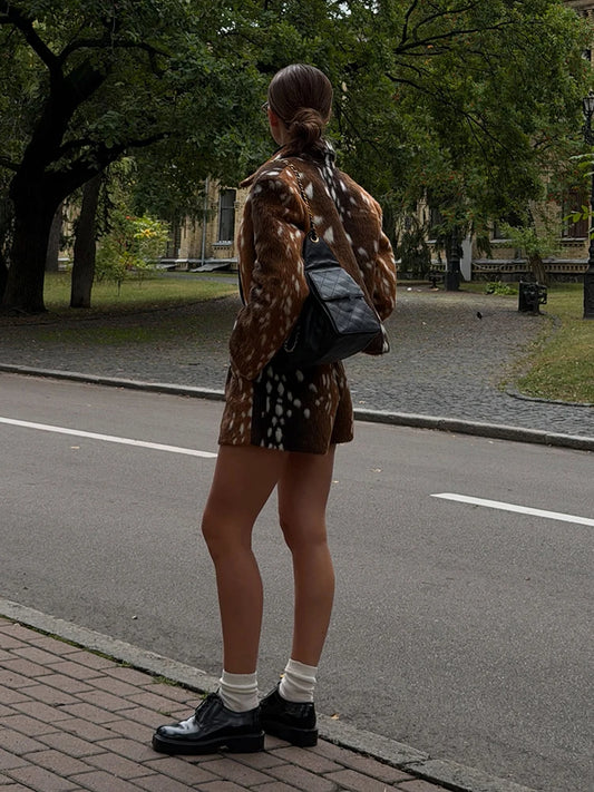 Retro Faux Fur Deer Spotted Skirt Set Lady Lapel Zip High Waist Animal Print Warm Cropped Jacket Set Fall Winter Matching Outfit