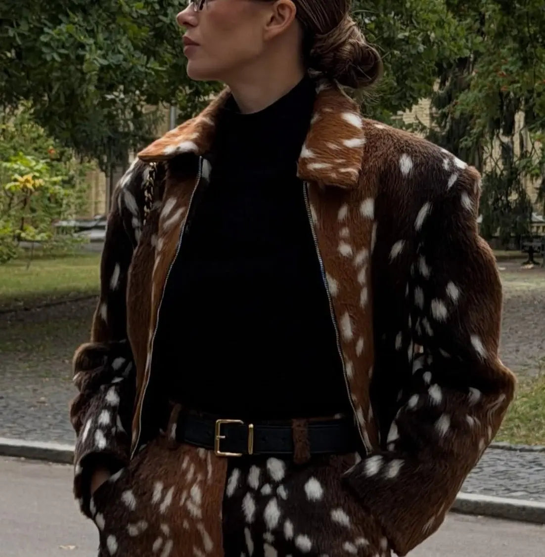 Retro Faux Fur Deer Spotted Skirt Set Lady Lapel Zip High Waist Animal Print Warm Cropped Jacket Set Fall Winter Matching Outfit