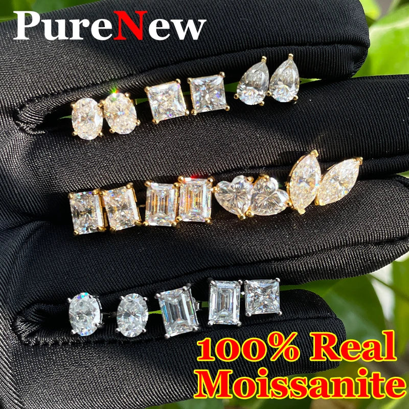 PureNew 0.5-3ct Classic Full Moissanite Earrings For Women S925 Silver Plated 18k Gold D Color VVS1 Women's Moissanite Earrings