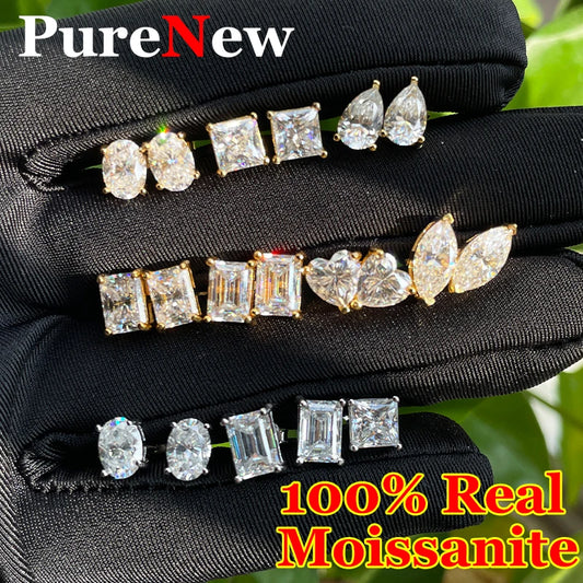 PureNew 0.5-3ct Classic Full Moissanite Earrings For Women S925 Silver Plated 18k Gold D Color VVS1 Women's Moissanite Earrings