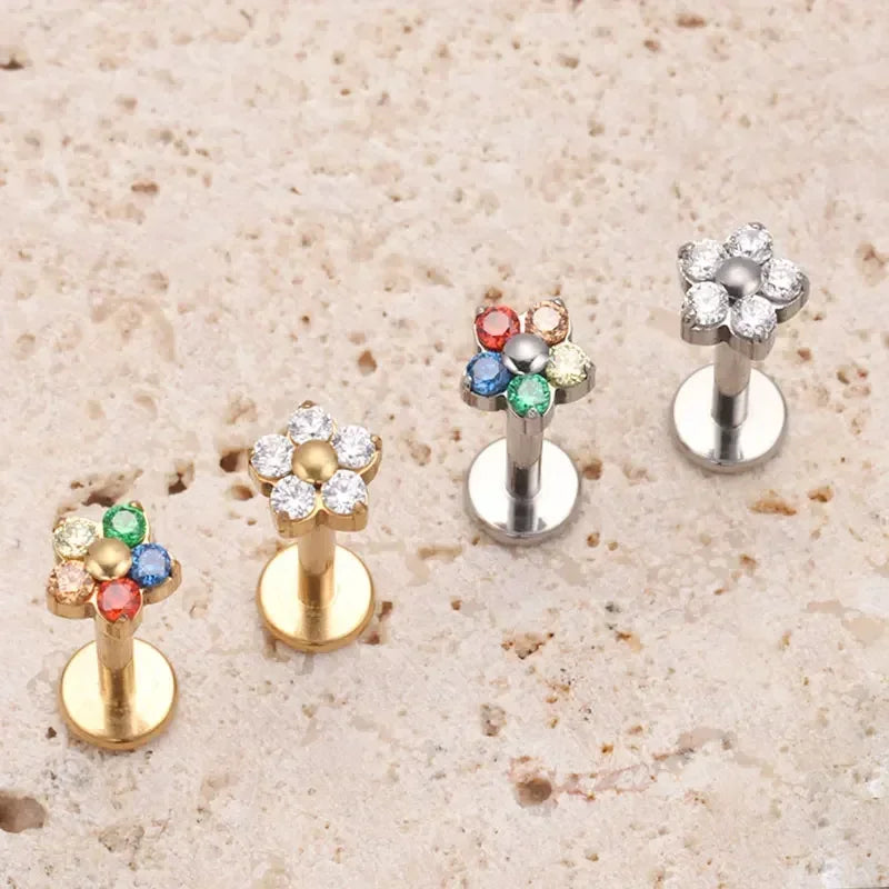 G23 Titanium Colorful Flower Lip Piercing Women 16G 18G Snowflake Heart CZ Tragus Cartilage Helix Conch Daith Earrings Piercing