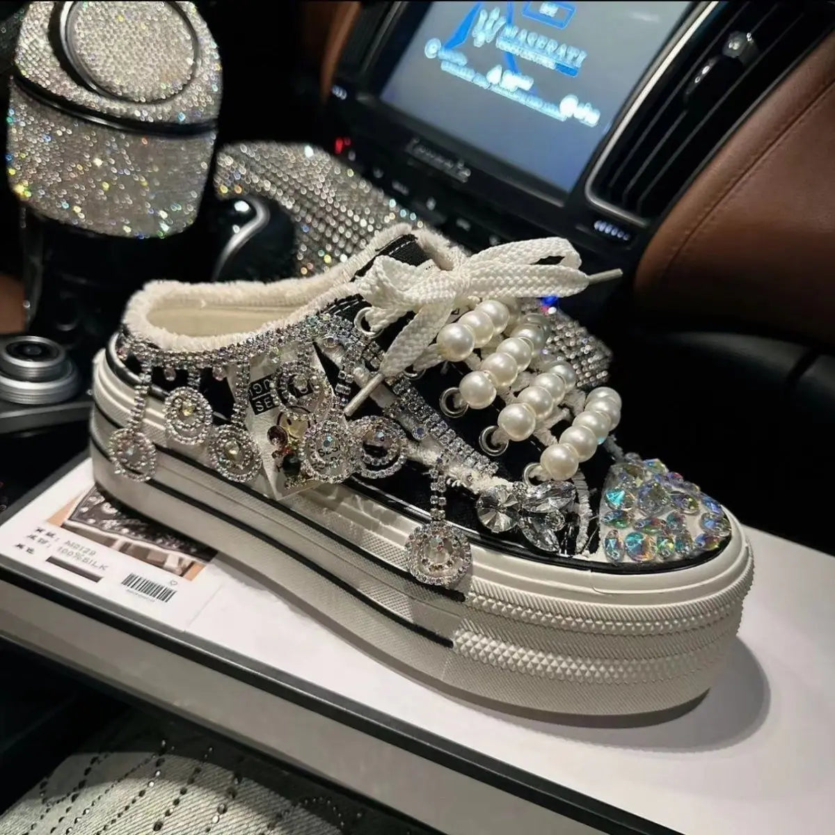 High Quality Shiny Sequined Slippers Flat Shoes Crystal Pearl Studs Canvas Shoes Loafers Shiny Women's Vulcanized Slippers