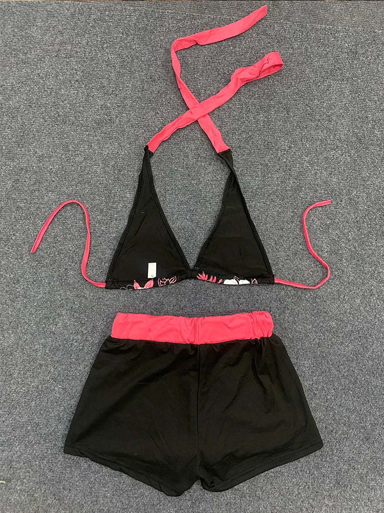 Y2K Summer Dopamine Contrast Sexy Beach Vacation Bikini Suit Spice Girl Strap Flower Print Navel Split Two Piece Shorts Bra Suit