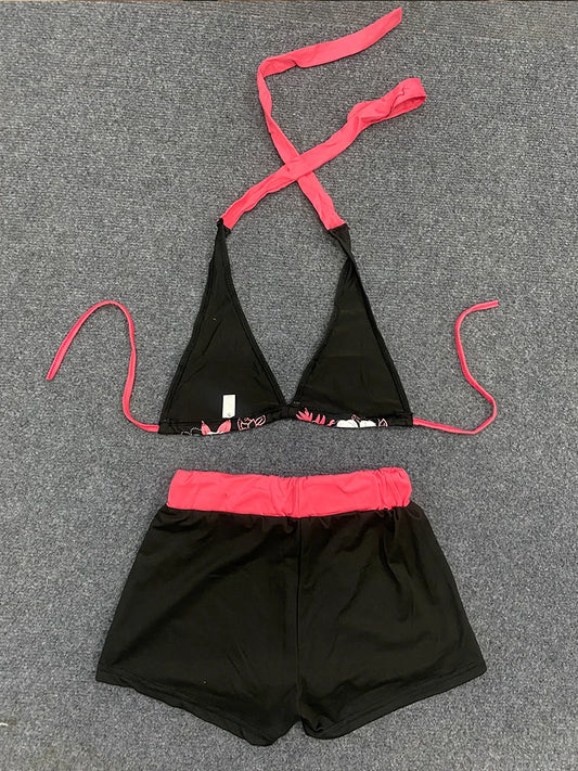 Y2K Summer Dopamine Contrast Sexy Beach Vacation Bikini Suit Spice Girl Strap Flower Print Navel Split Two Piece Shorts Bra Suit
