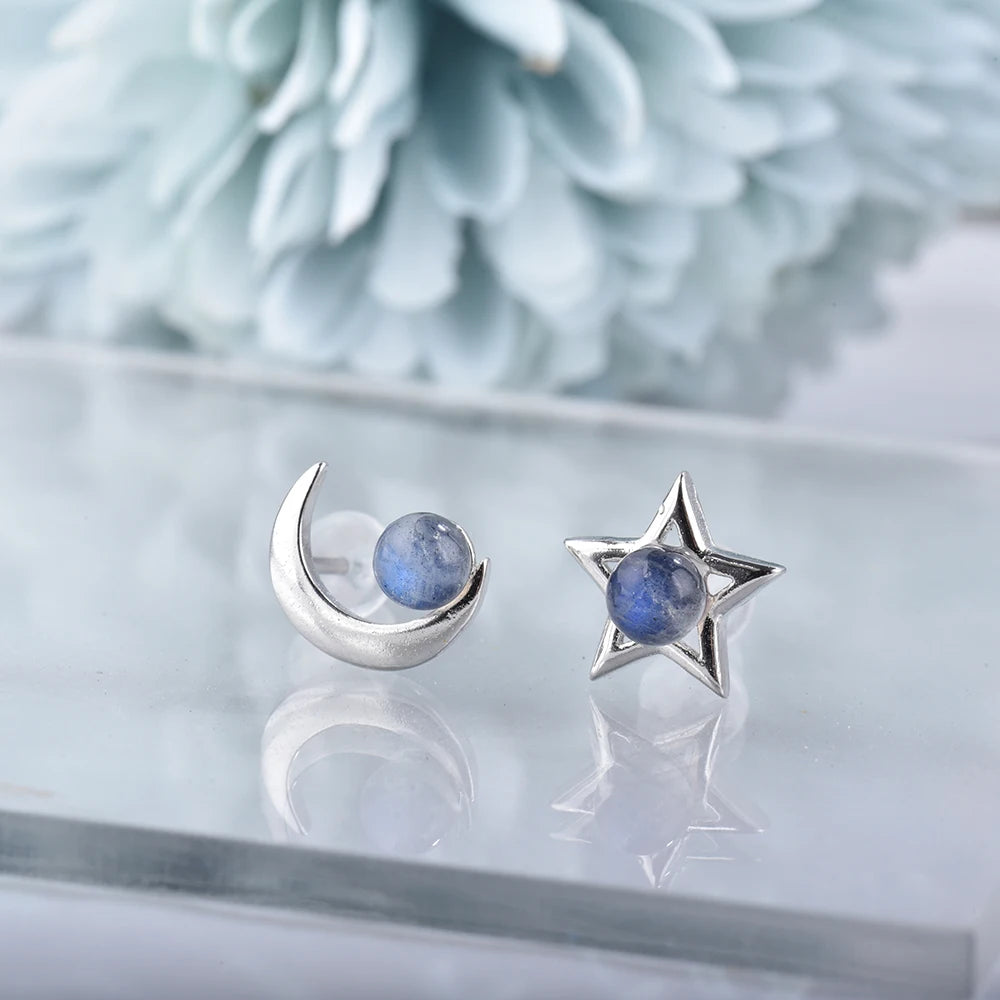 ITSMOS Natural Labradorite Moon Star Earrings Studs Handmade Polish Tarnish Resistant Earring for Women Jewelry Girl Gift