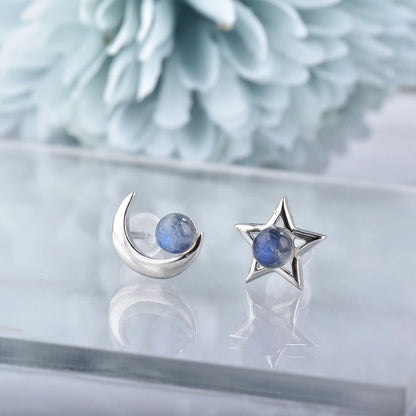 ITSMOS Natural Labradorite Moon Star Earrings Studs Handmade Polish Tarnish Resistant Earring for Women Jewelry Girl Gift