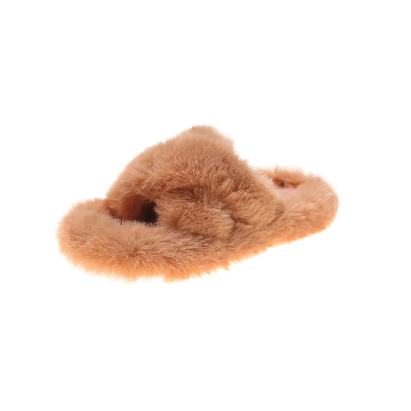 Fashion One Word Thick Fur Slippers Double Fur Slippers Casual Home Cotton Shoes for Women Flat Plush Cross Straps Slippers2025