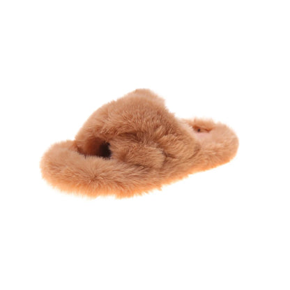 Fashion One Word Thick Fur Slippers Double Fur Slippers Casual Home Cotton Shoes for Women Flat Plush Cross Straps Slippers2025