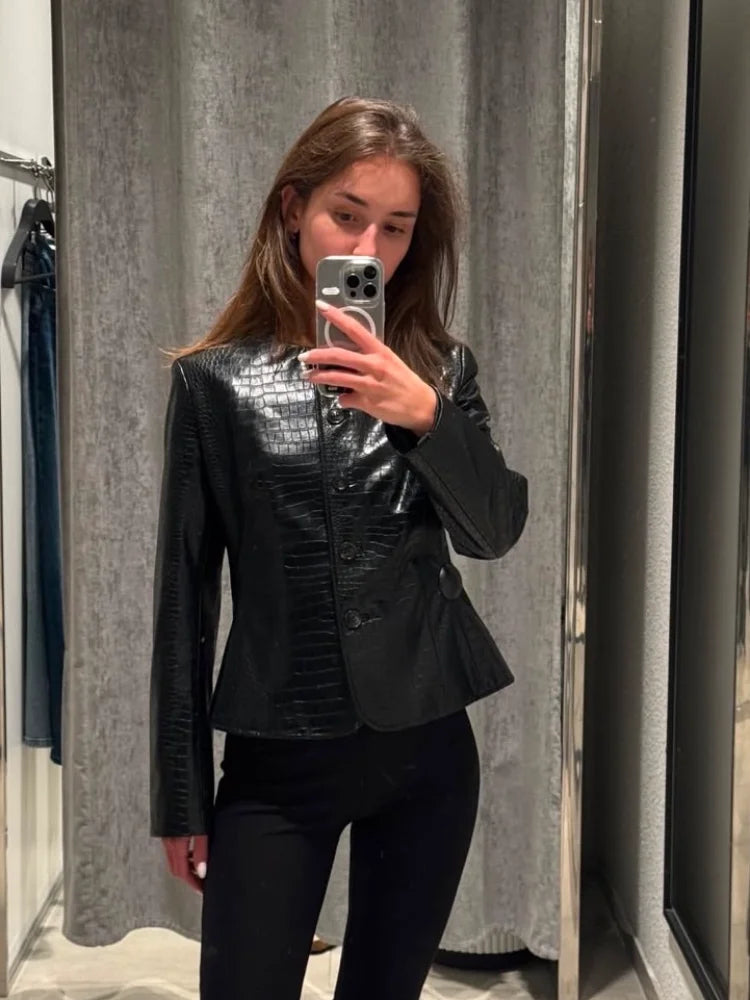 Casual Women's Pu Leather Jacket Slim Single Breasted O-neck Lady Solid Coats 2026 Autumn Fashion Female Street Outerwear
