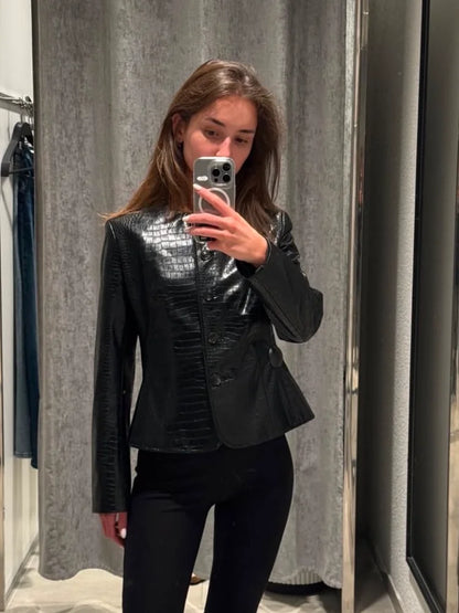 Casual Women's Pu Leather Jacket Slim Single Breasted O-neck Lady Solid Coats 2026 Autumn Fashion Female Street Outerwear