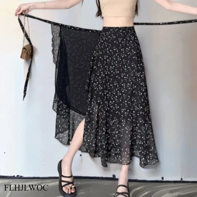 2025 Chic Korea Clothes Summer Women Cute Sweet GIrl Floral Robe Holiday Date High Waist Retro Vintage One-Piece Lace-Up Skirts