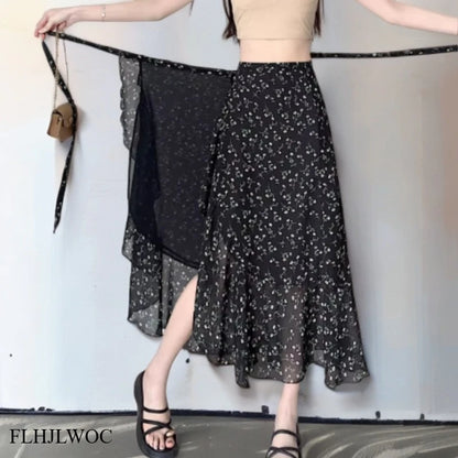 2025 Chic Korea Clothes Summer Women Cute Sweet GIrl Floral Robe Holiday Date High Waist Retro Vintage One-Piece Lace-Up Skirts