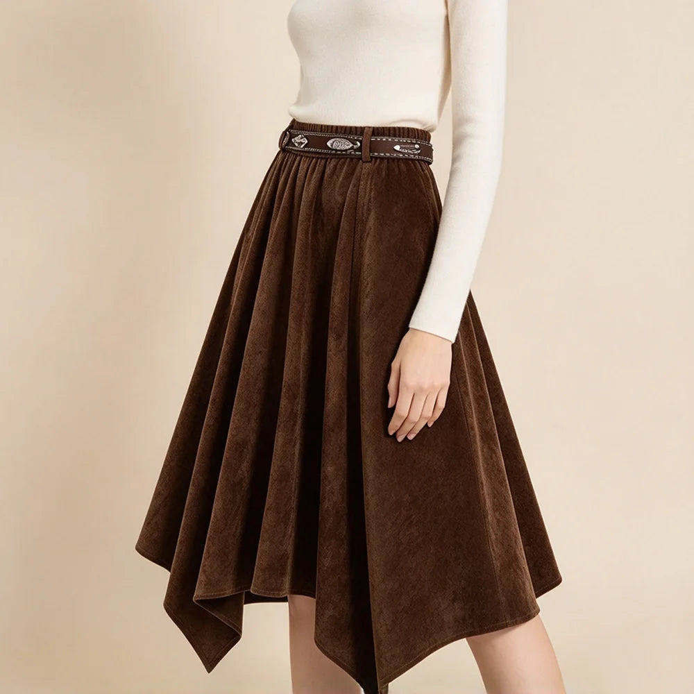 ZJYT Fall Winter Midi Suede Skirts for Women 2026 Fashion High Waist Irregular Vintage Casual Skirt Ladies Bottoms Brown Black