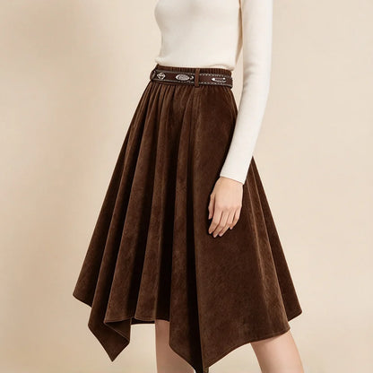ZJYT Fall Winter Midi Suede Skirts for Women 2026 Fashion High Waist Irregular Vintage Casual Skirt Ladies Bottoms Brown Black