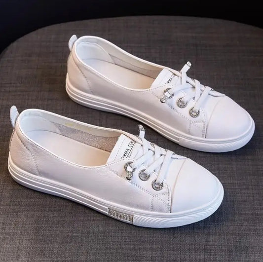 Genuine Leather Casual Sneakers for Women Spring Summer Lace Up Flats Girls Loafers Shoes Ladies Vulcanized Shoes White