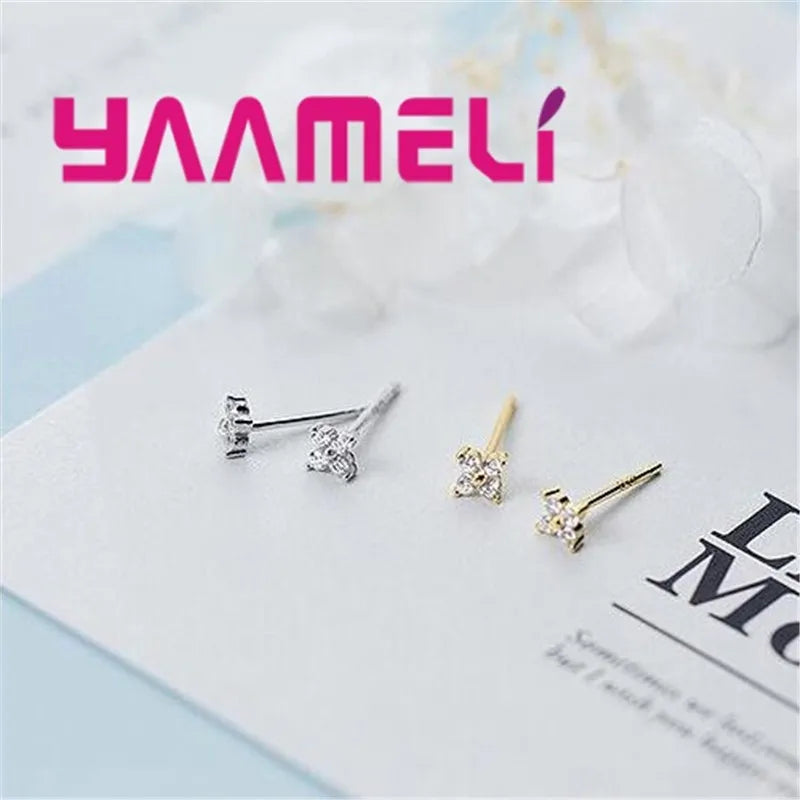 100% Real 925 Sterling Silver Color Clover Stud Earrings Bright Zircon Earrings For Women Girl Fashion Trendy Jewelry