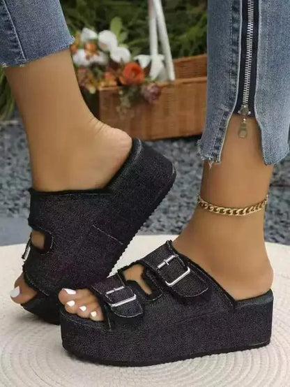 Cowboy Wedges Slippers Shoes Women High Heels Platform Sandals Buckle Flip Flops 2026 Summer Fashion Pumps Zapatos Mujer Slides