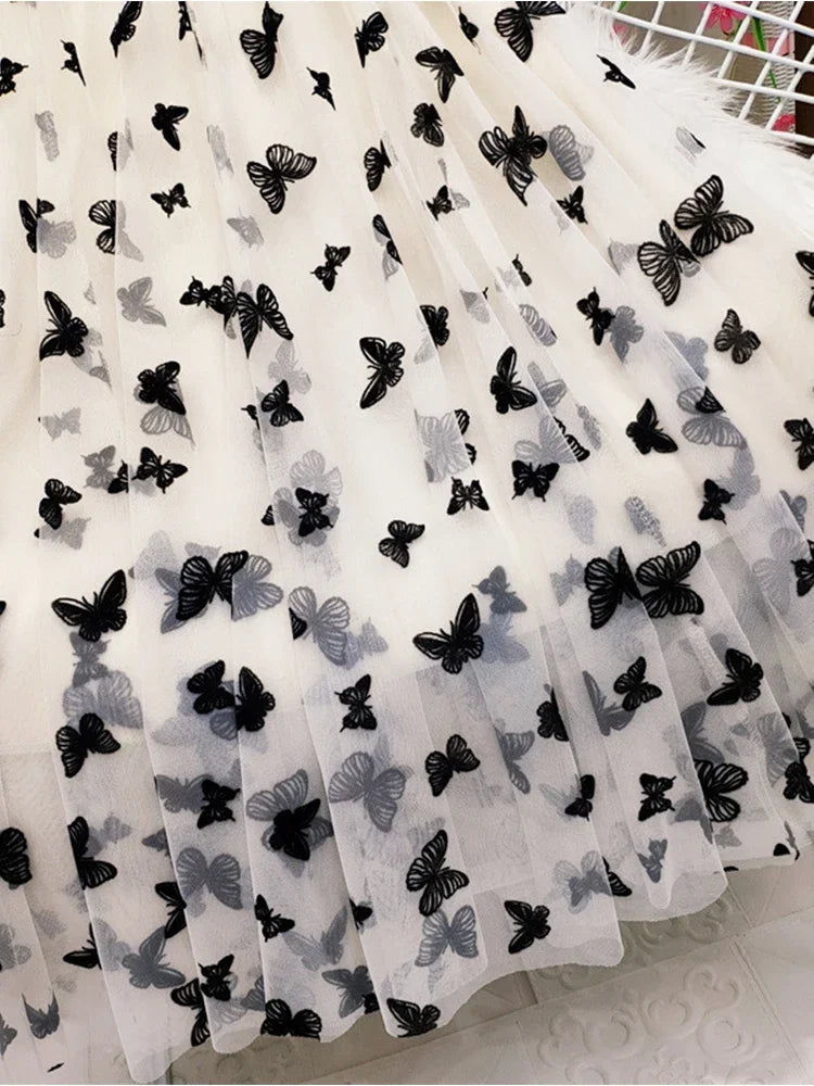 Butterfly Flocking Tulle Long Skirt Women Aesthetic Casual A Line Elastic High Waist Midi Mesh Skirt Female Black
