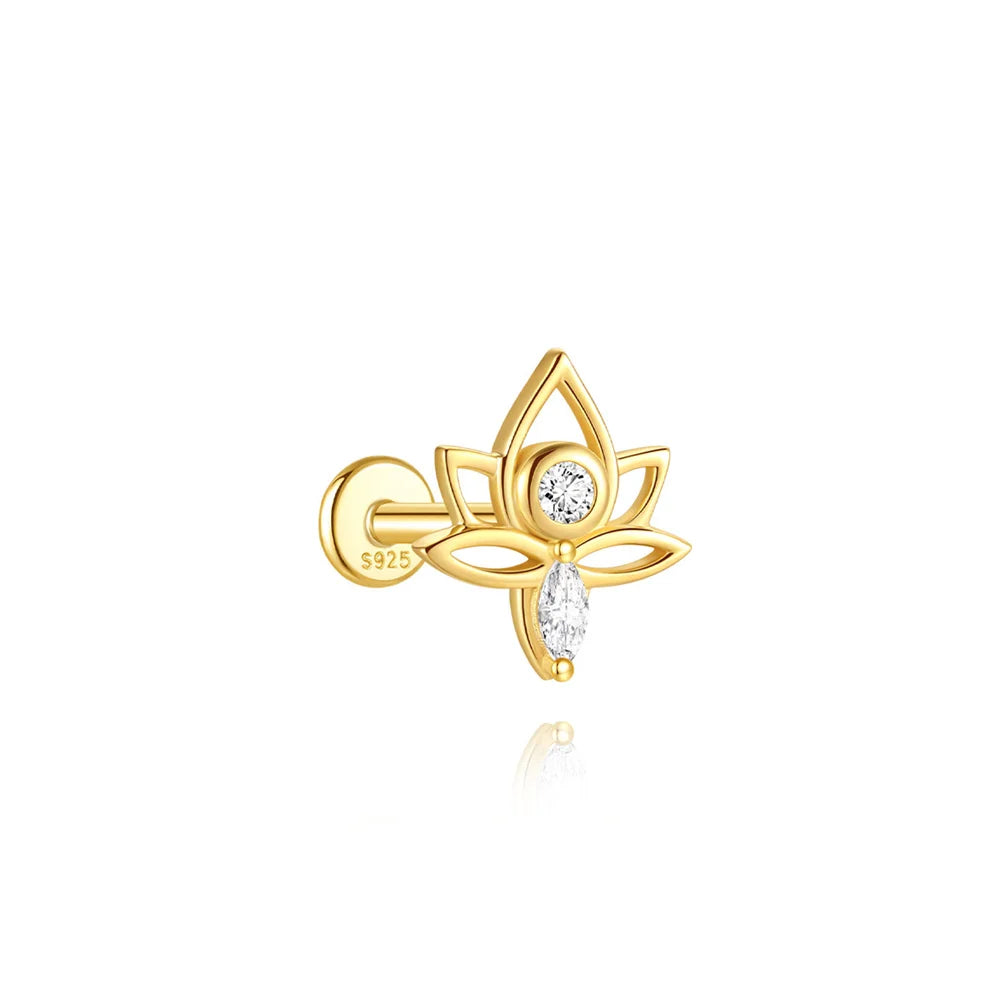 AIDE 925 Sterling Silver Shiny Hollow Lotus Flower Crown Flat Back Internal Thread Piercing Earring For Women INS Dainty Luxury