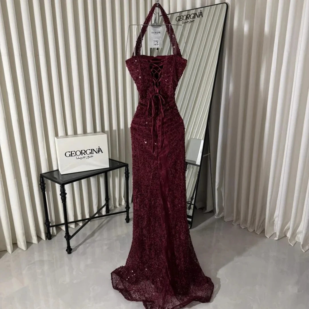 Amanda Customized Wine Red Halter Prom Dress Beaded High Waist Split Satin Lace vestidos de noche Slim Mermaid Formal Evening