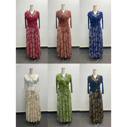 Miyake Europe New Women's Big Size Dress Fashion Feather Nail Drill Suit Collar Women Loose Pleated Long-sleeved Long Dresses