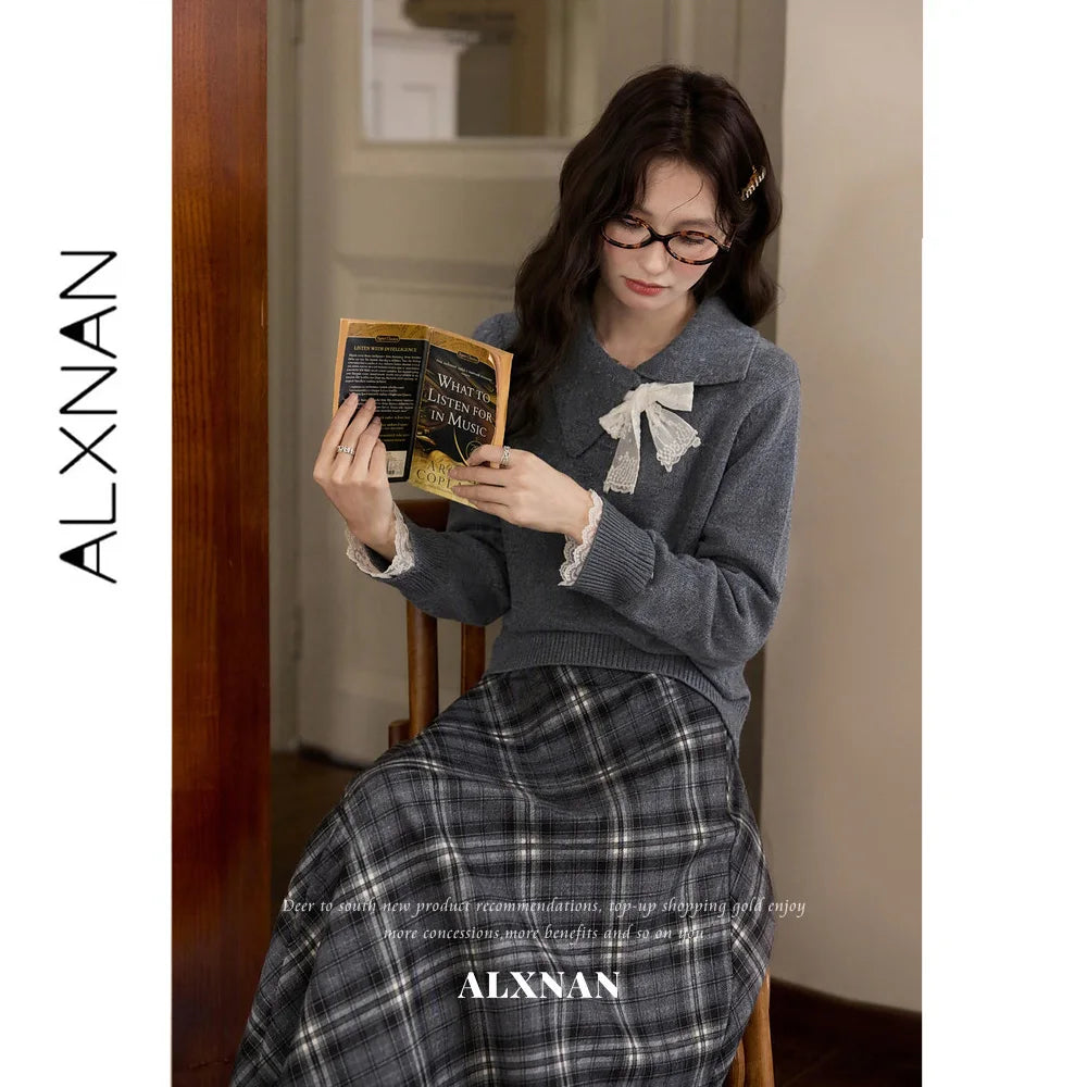 ALXNAN Gray Plaid Skirt Women 2026 Fall Elastic High Waist Long A-line Hem Skirts French Elegant Ladies Clothing DYL662980