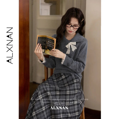 ALXNAN Gray Plaid Skirt Women 2026 Fall Elastic High Waist Long A-line Hem Skirts French Elegant Ladies Clothing DYL662980