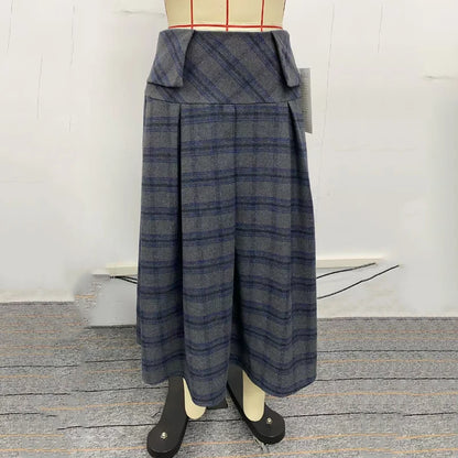 Women Vintage Plaid Office Party 2 Piece Sets Stand Collar Double Breasted Bubble Sleeves Jacket & High Waisted Midi Skirt Suits