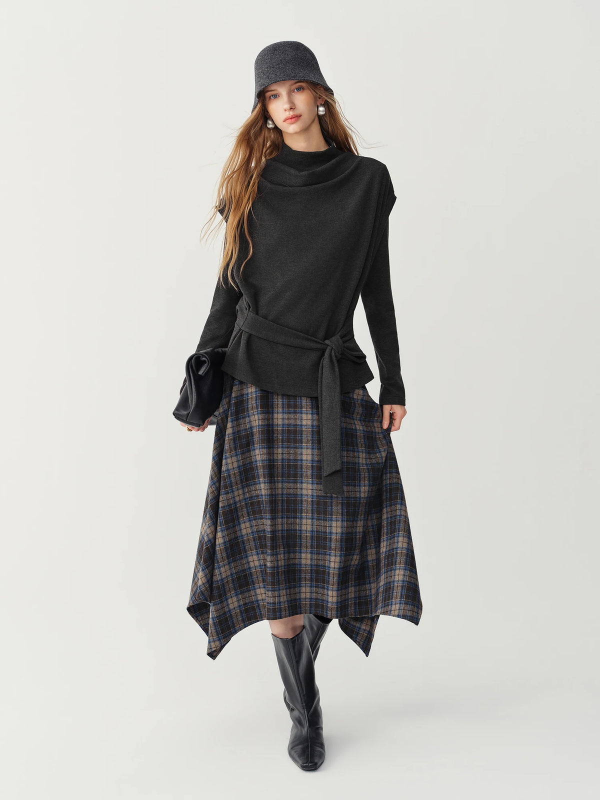FSLE 2026 Winter Women's Vintage Plaid Print Asymmetric Full Flare Midi Skirt - Flattering Elegant Chic Versatile for Daily Wear