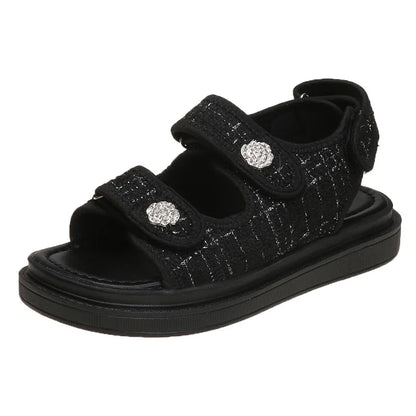 Platform Sandals Handmade Women Lattice Hook Loop Plaid Cloth Round Toe Summer Casual Ladies Outdoor Shoes