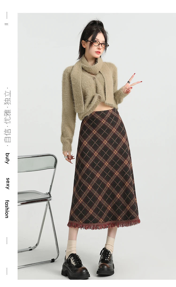 2025 Autumn Winter Women Korean Fashion A-line Plaid High Waist Midi Skirt Vintage Design Shoujo Preppy Style Tassel Trendy New