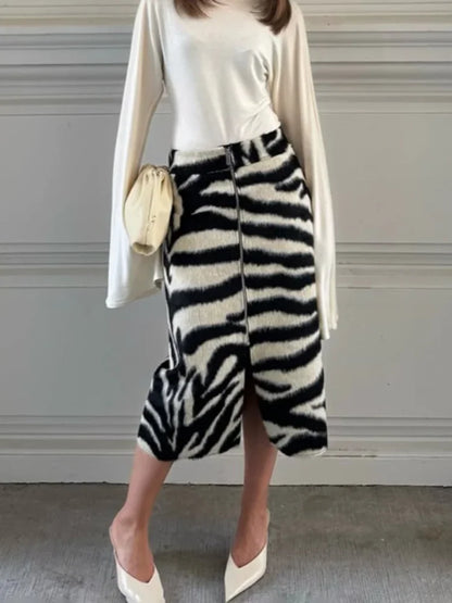Women's Zebra Print Midi Skirt High Front Zipper Split Faux Wool Blend Skirts 2026 new Autumn Casual Daily Streetwear Plush Fall
