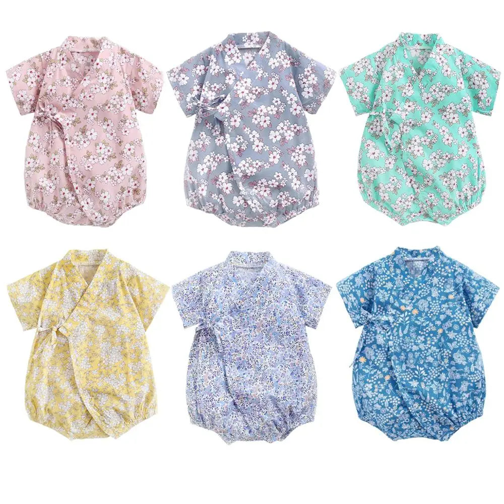 0-18M Summer Baby Girl Boys Clothing  Rompers Jumpsuit Short-sleeved Floral Print  Cute Soft Newborn Infant Baby Kimono Playwear