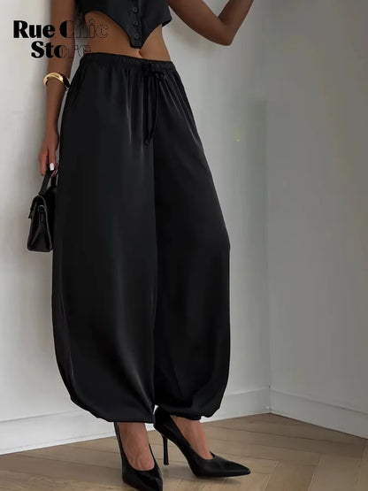 Solid Drapey Satin Loose Harem Pants Women Casual Elastic Waist Drawstring Design Long Pant 2026 Lady Commute Versatile Wear New
