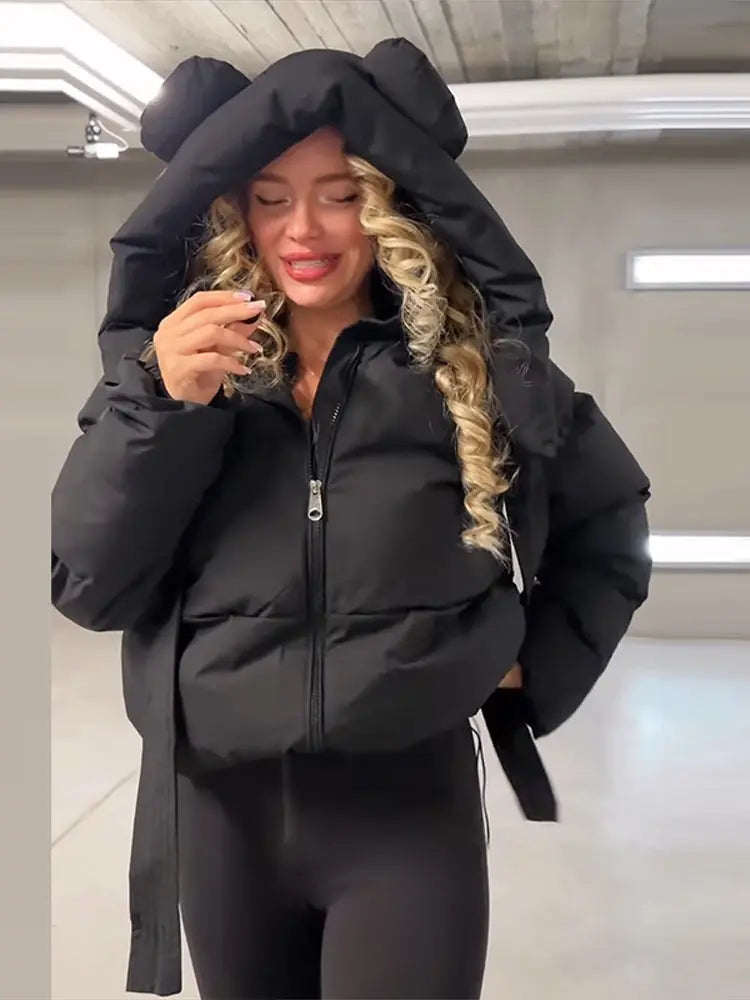 Bear Ear Hooded Women Jacket Drawstring Zippers Cropped Padded Coat Female 2026 Winter Chic Street Fashion Lady Outerwear