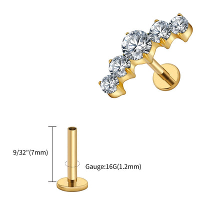 Right Grand ASTM F136 Titanium 16G CZ Cluster Flat Back Labret Stud Curved CZ Bar Climber Earring Helix Cartilage Stud Piercing